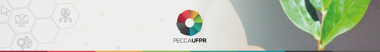 Banner do Pecca com a logo no centro. Logo é um círculo colorido, cores em degrdê.