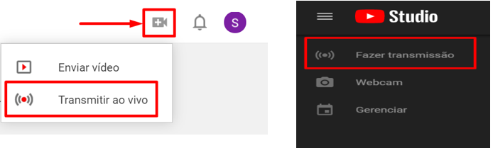 Clique em Transmissão ao vivo  depois em fazer transmissão