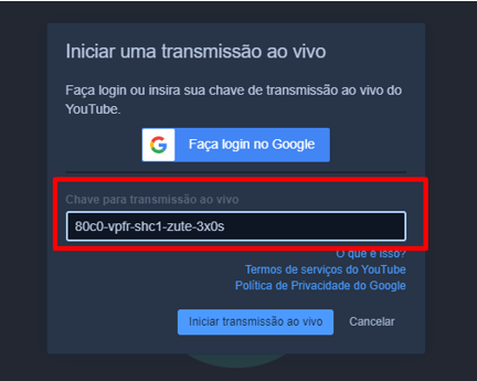 colar chave de transmissão no Jitsi