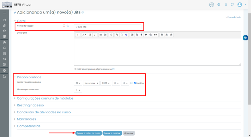 De um nome, descrição (opcional) e horário para a e-aula